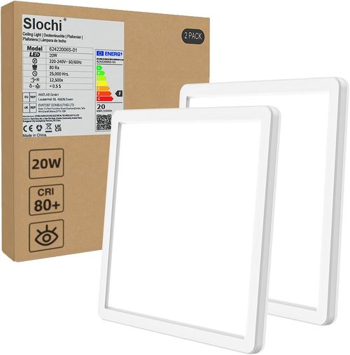 slochi 2 Stücke LED Deckenleuchte, 20W Ultra Dünn Modern Deckenlampe Flach 2.4 cm, 3000K Warmweiß, Quadrat für Schlafzimmer, Wohnzimmer, Bad, Balkon, Flur, Küche Umkleideraum Energieklasse F