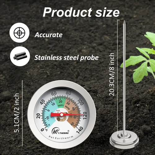 Thermometer for measuring cultivation temperature, with extended bimetallic probe for soil temperature measurement.