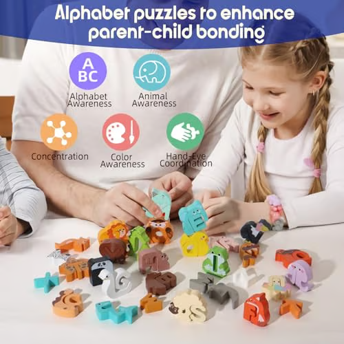 52-Piece Wooden Alphabet Animal Puzzle Set