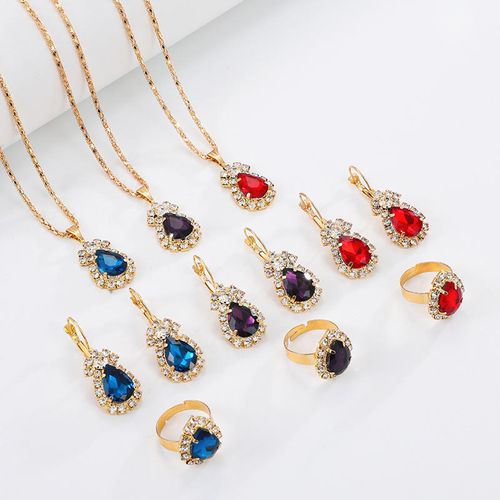 4pcs Colorful Rhinestone Ring Necklace Earring Set 😍