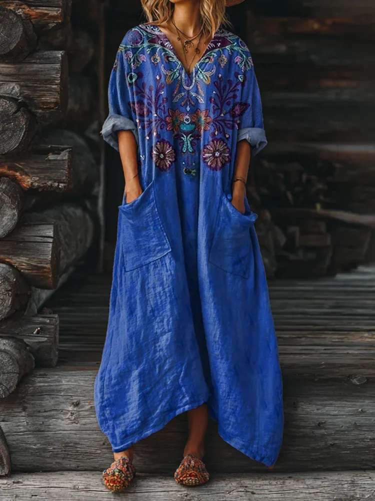 Bavlněné lněné šaty s výstřihem do V a kapsami