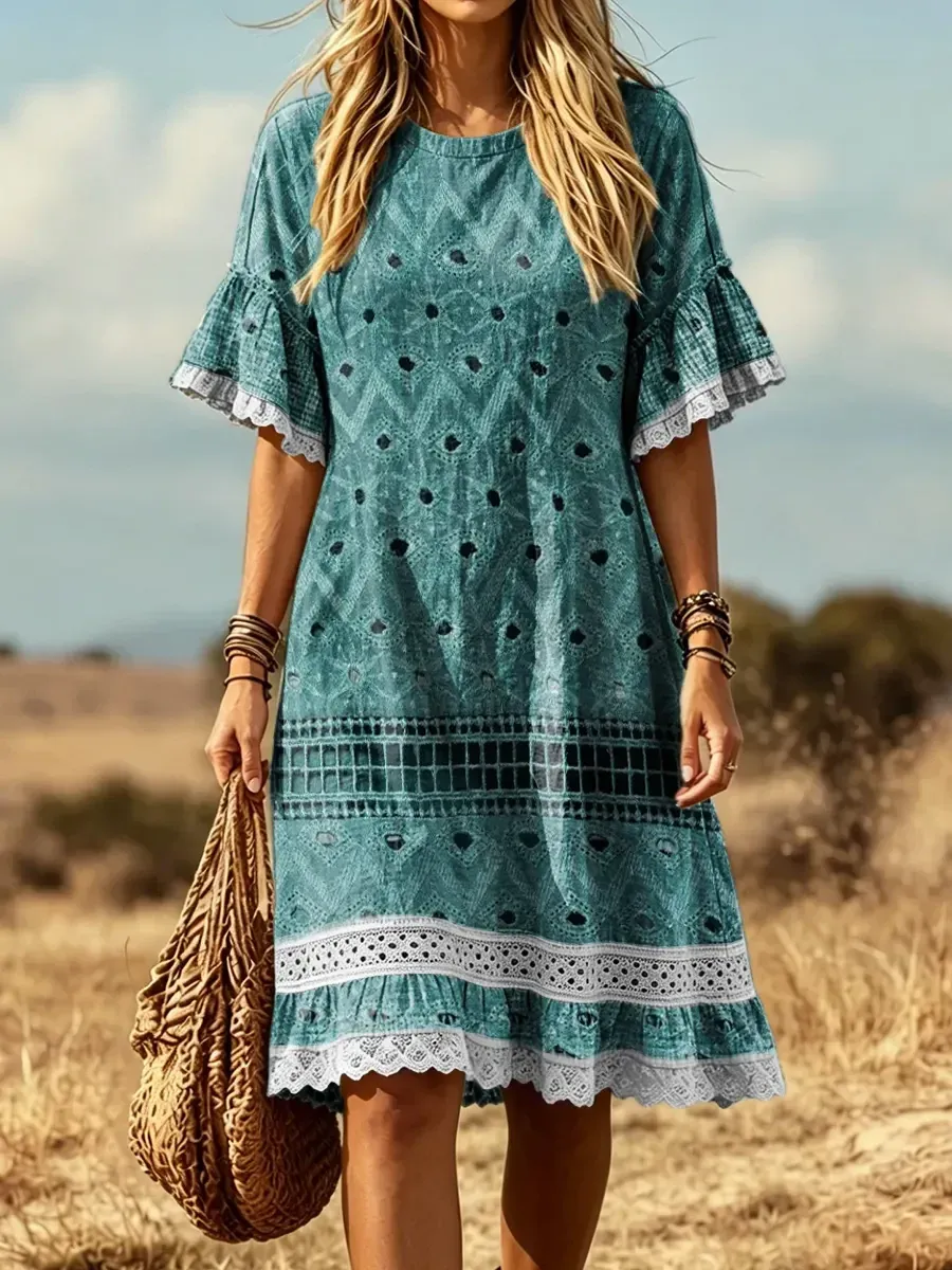 Bavlněné lněné šaty s kulatým výstřihem