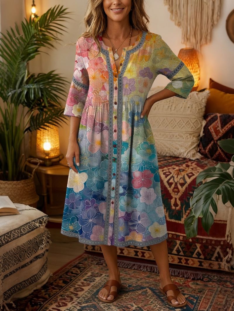 🌸 2026 Dámské šaty s výstřihem do V a knoflíky