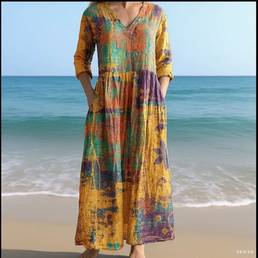 Bavlněné lněné šaty s výstřihem do V a kapsami