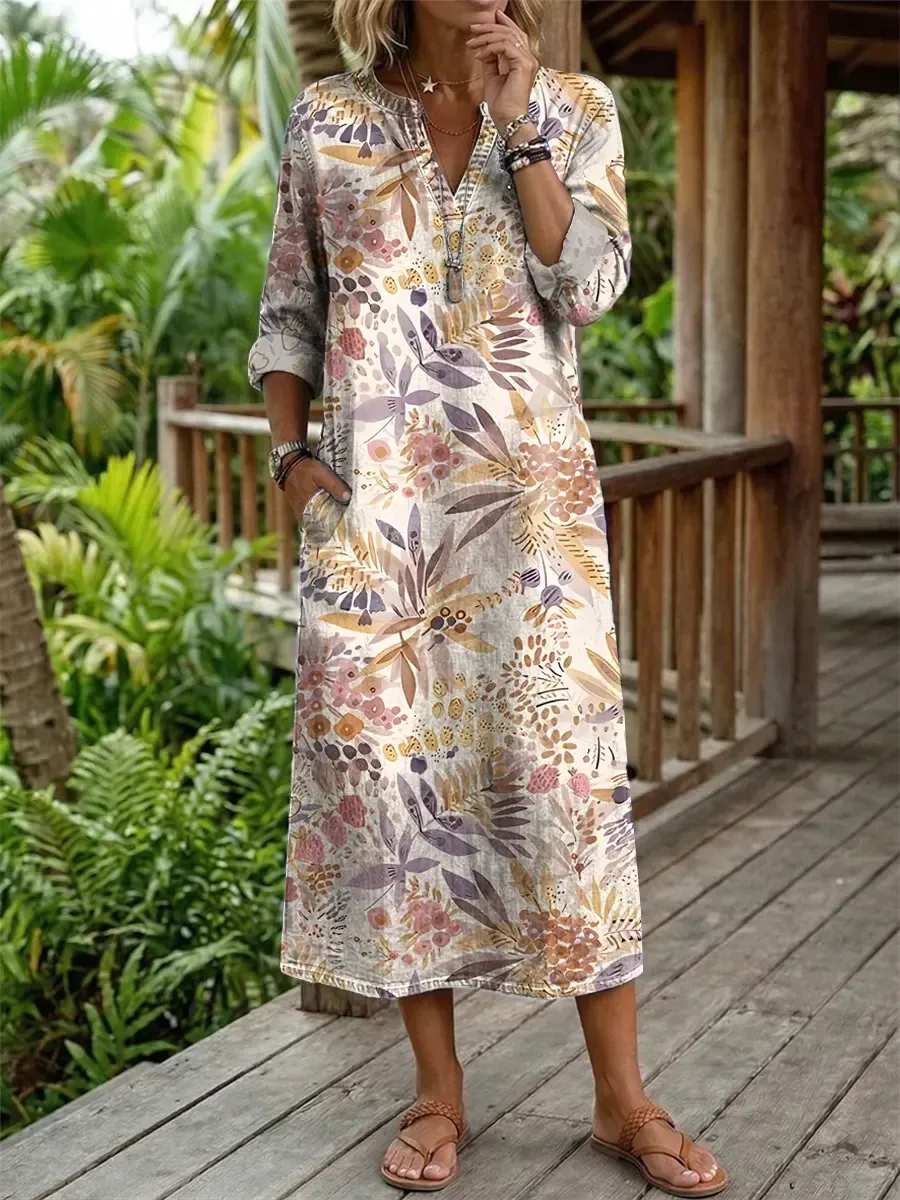 2026 Bavlněné lněné šaty s výstřihem do V