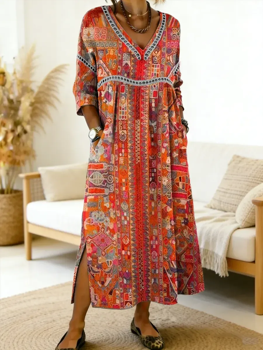 2026 Bavlněné lněné šaty s výstřihem do V