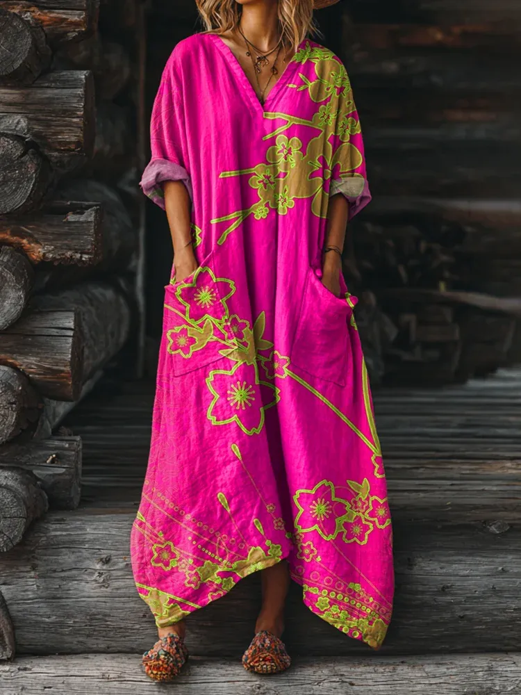 Bavlněné lněné šaty s výstřihem do V a kapsami