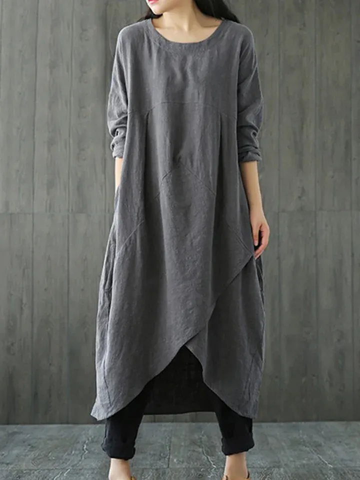 Bavlněné lněné šaty s kulatým výstřihem
