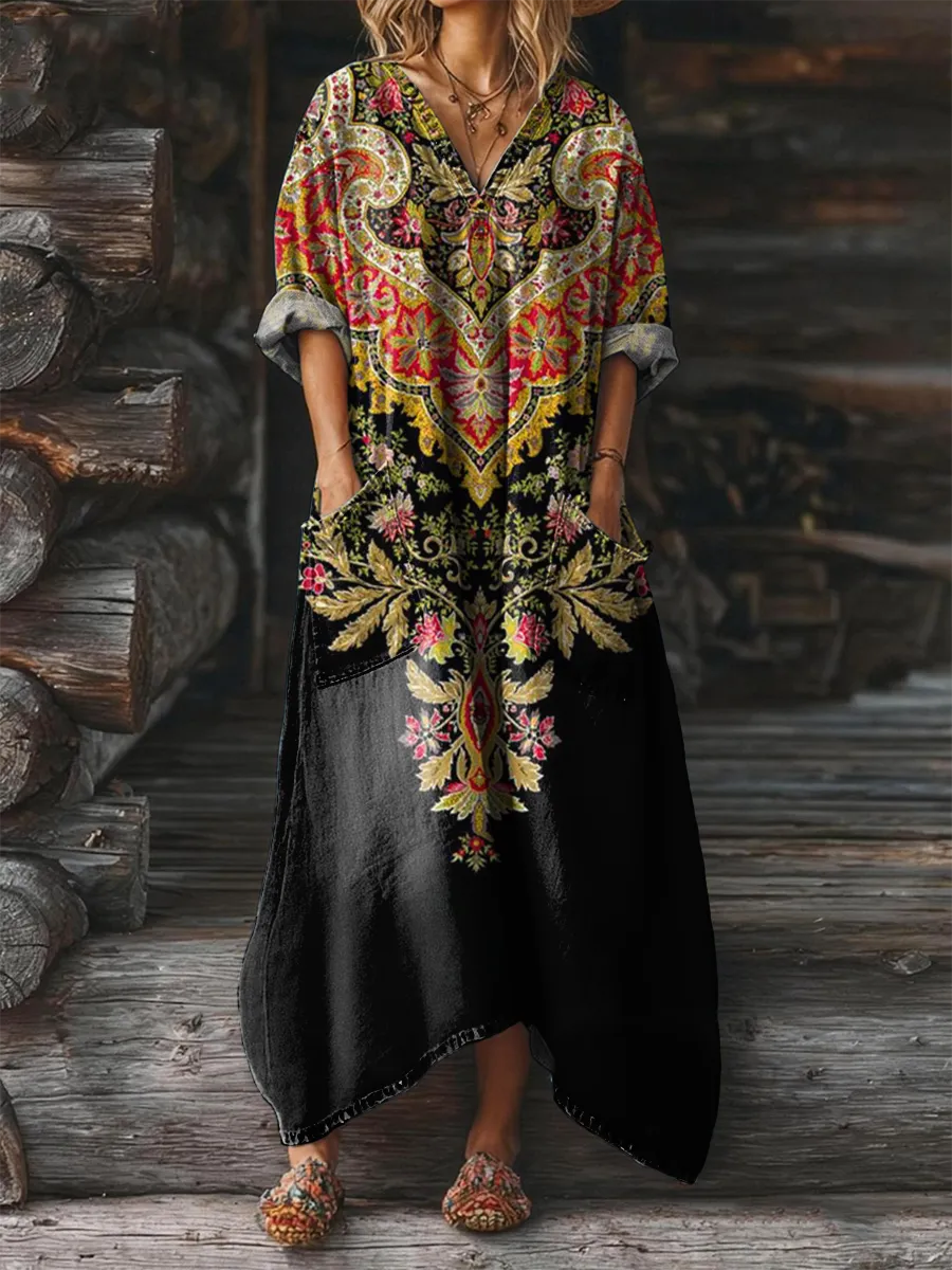 Bavlněné lněné šaty s výstřihem do V a kapsami