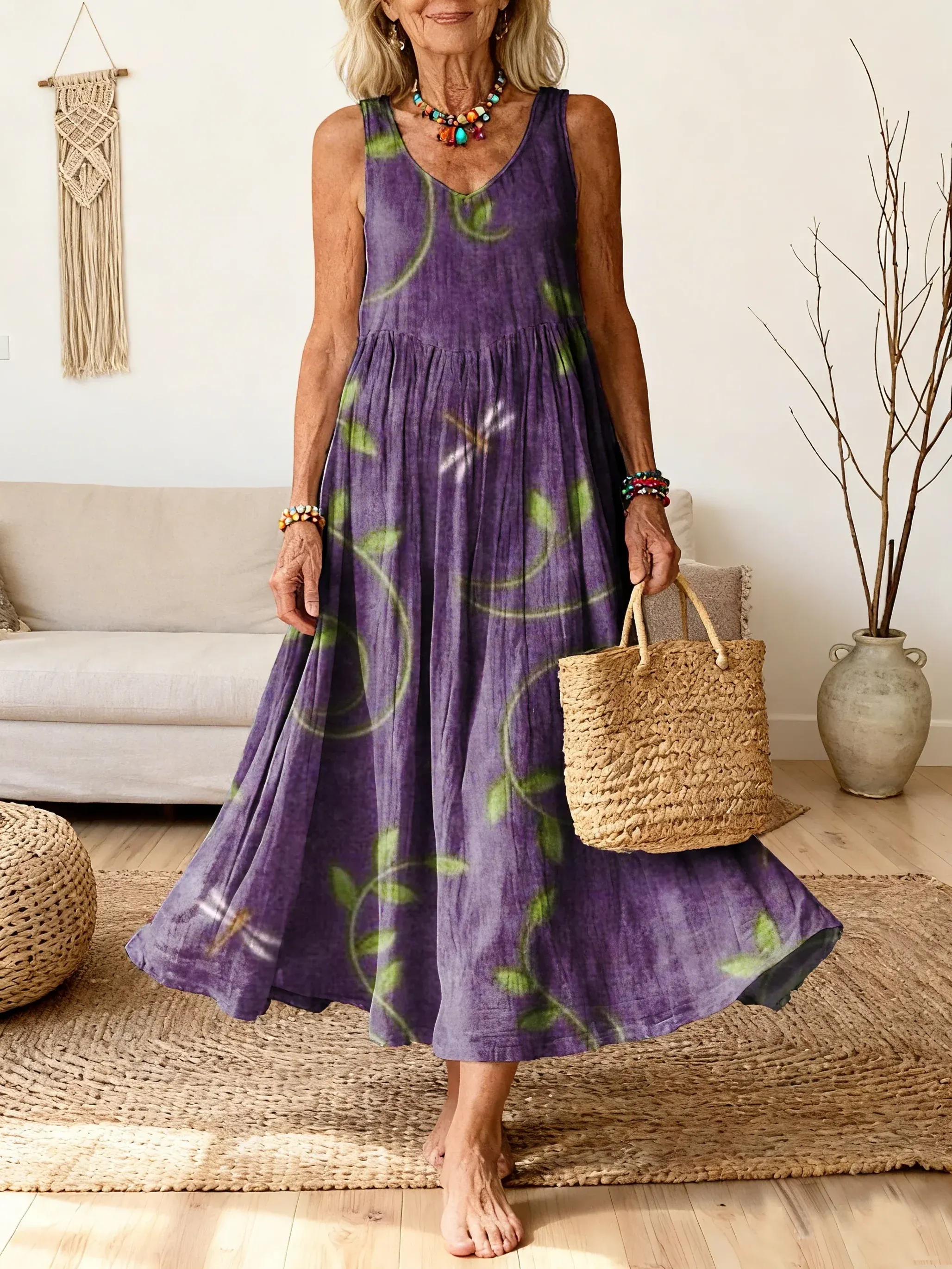 Bavlněné lněné šaty s kulatým výstřihem