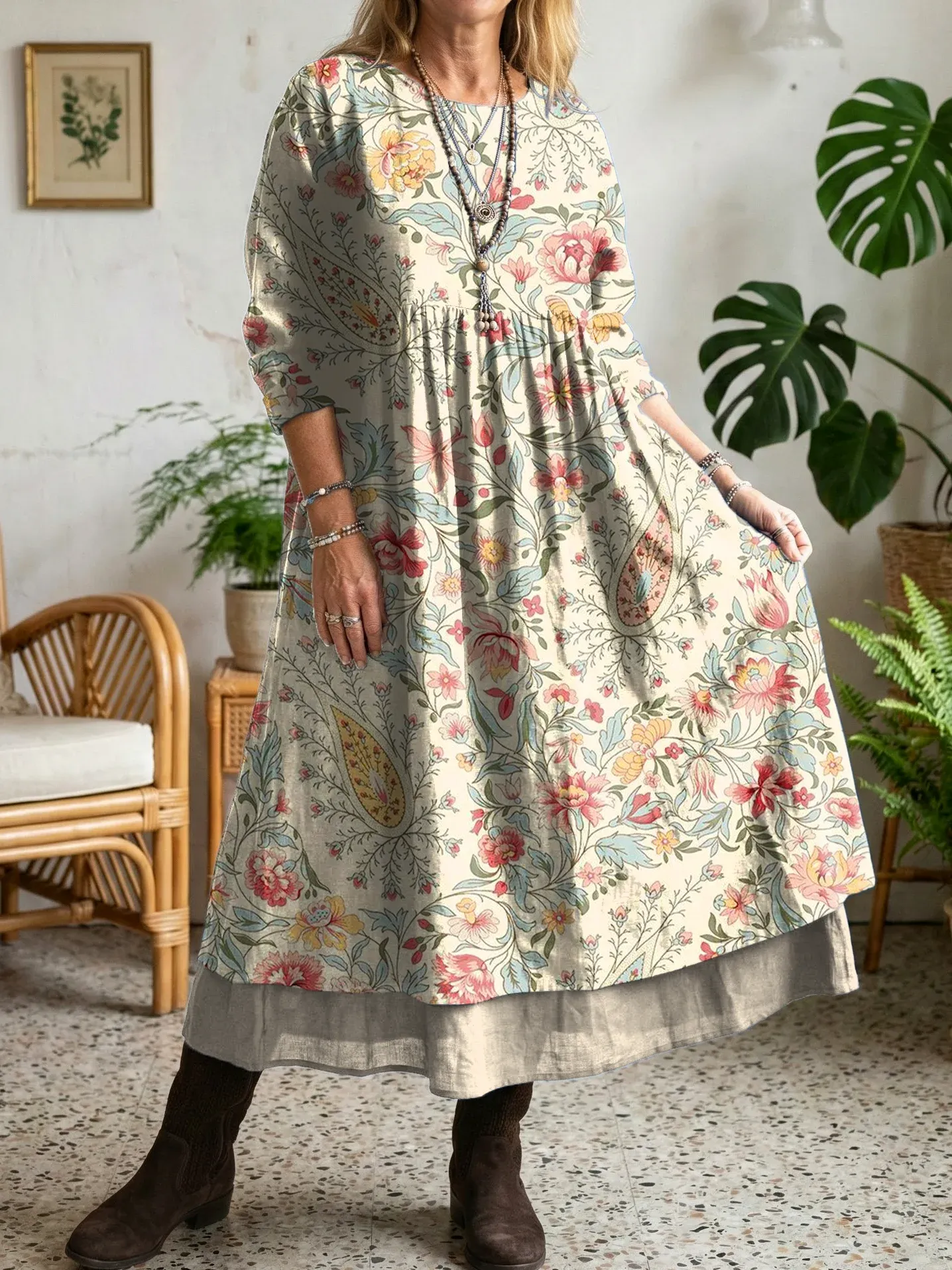 Bavlněné lněné šaty s kulatým výstřihem a kapsami