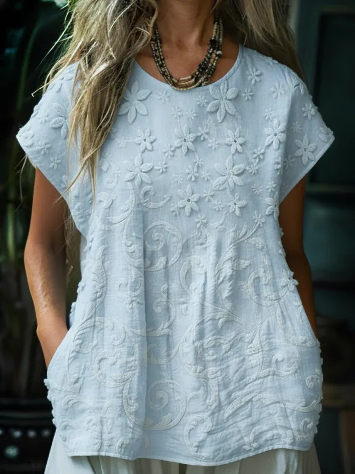 Dámské bavlněné a lněné tričko s kulatým výstřihem