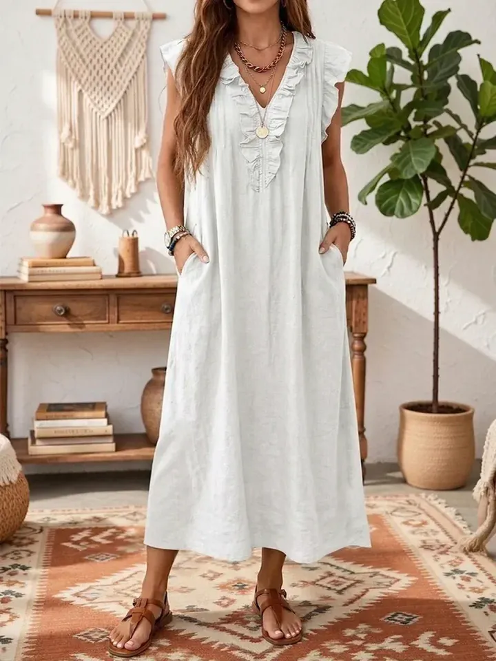 2026 Bavlněné lněné šaty s výstřihem do V