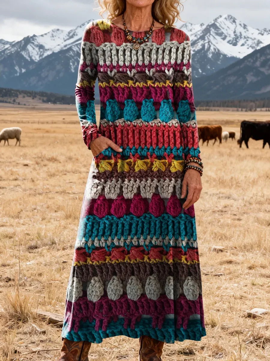 Bavlněné lněné šaty s kulatým výstřihem a kapsami