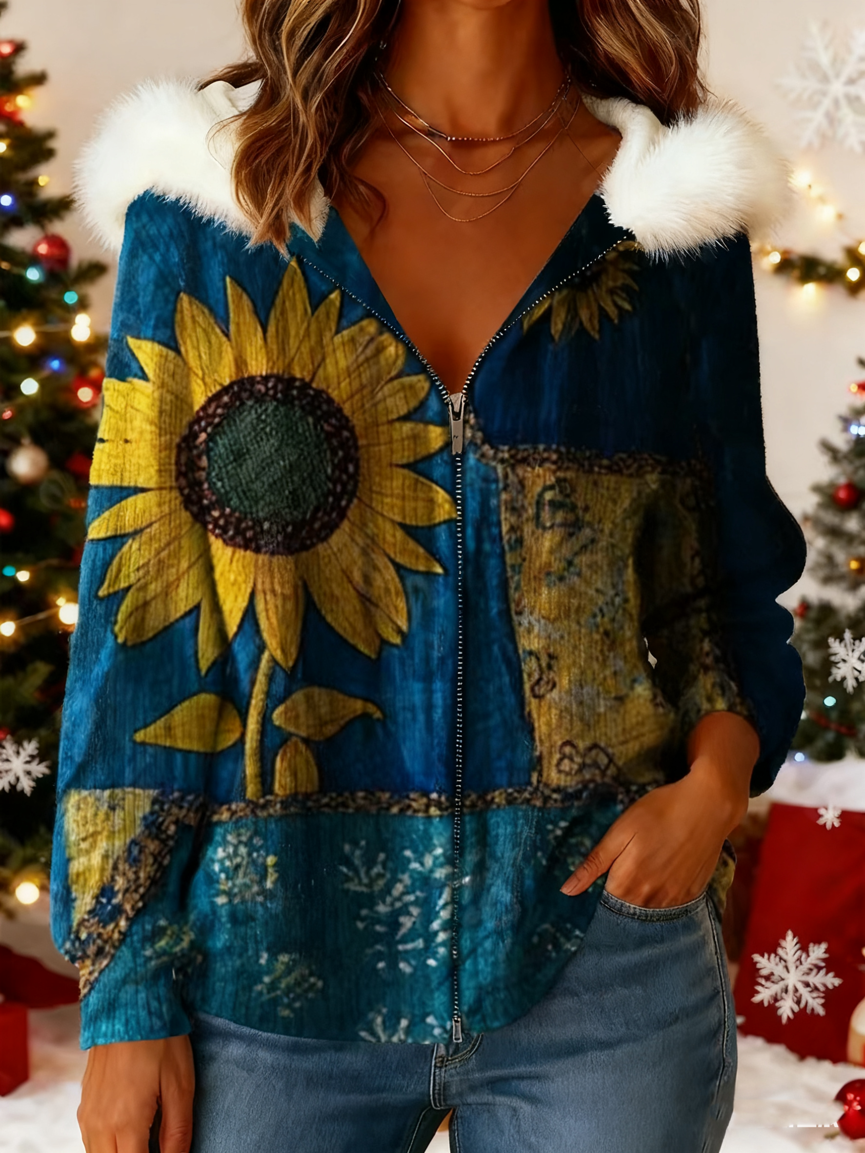 Dámský vintage kardigan s květinovým potiskem a zipem