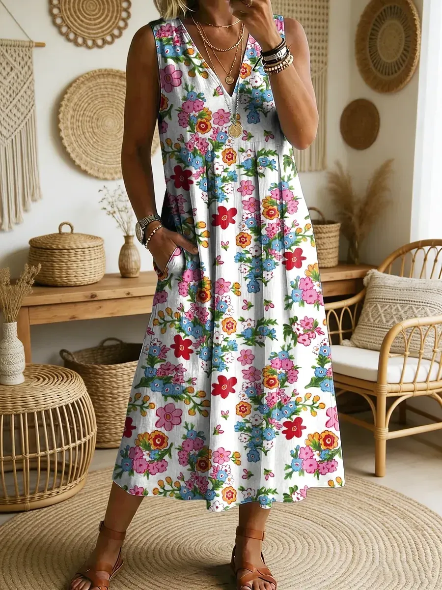 2026 Bavlněné lněné šaty s výstřihem do V