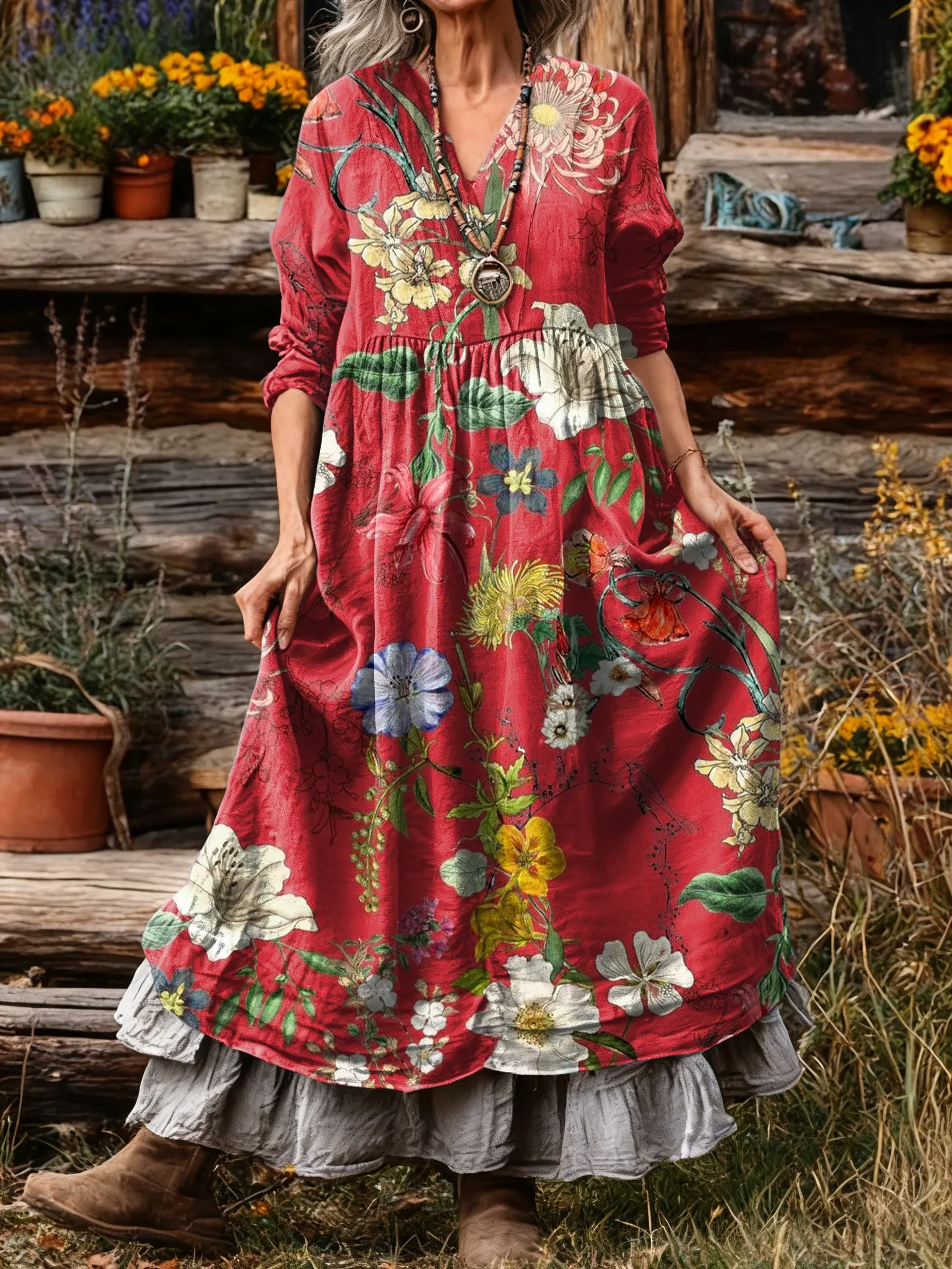 Bavlněné lněné šaty s výstřihem do V a kapsami