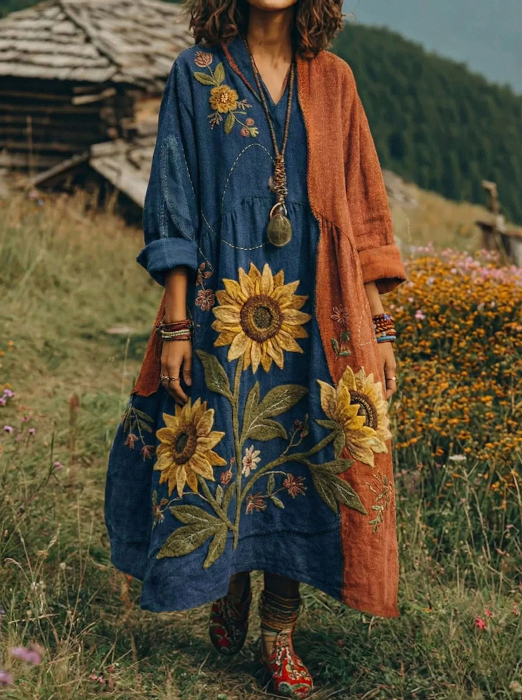 Bavlněné lněné šaty s výstřihem do V