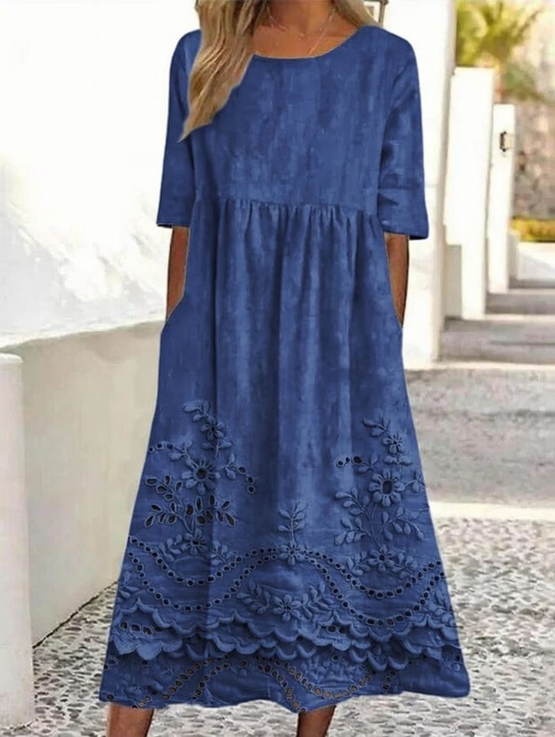 Bavlněné lněné šaty s kulatým výstřihem