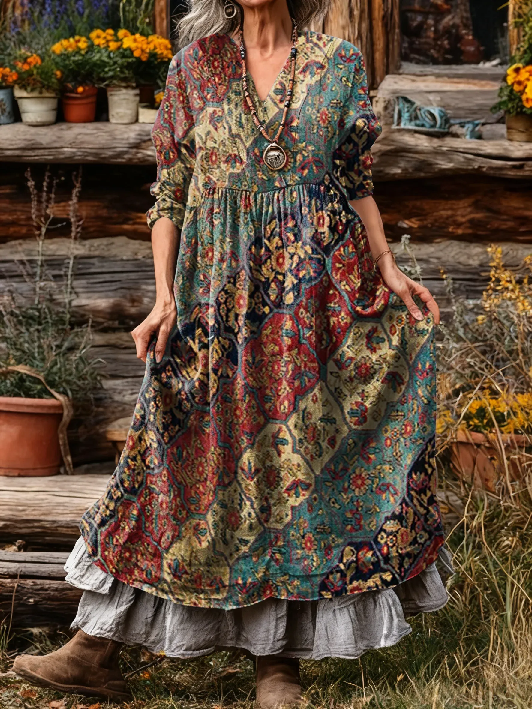 Bavlněné lněné šaty s výstřihem do V a kapsami