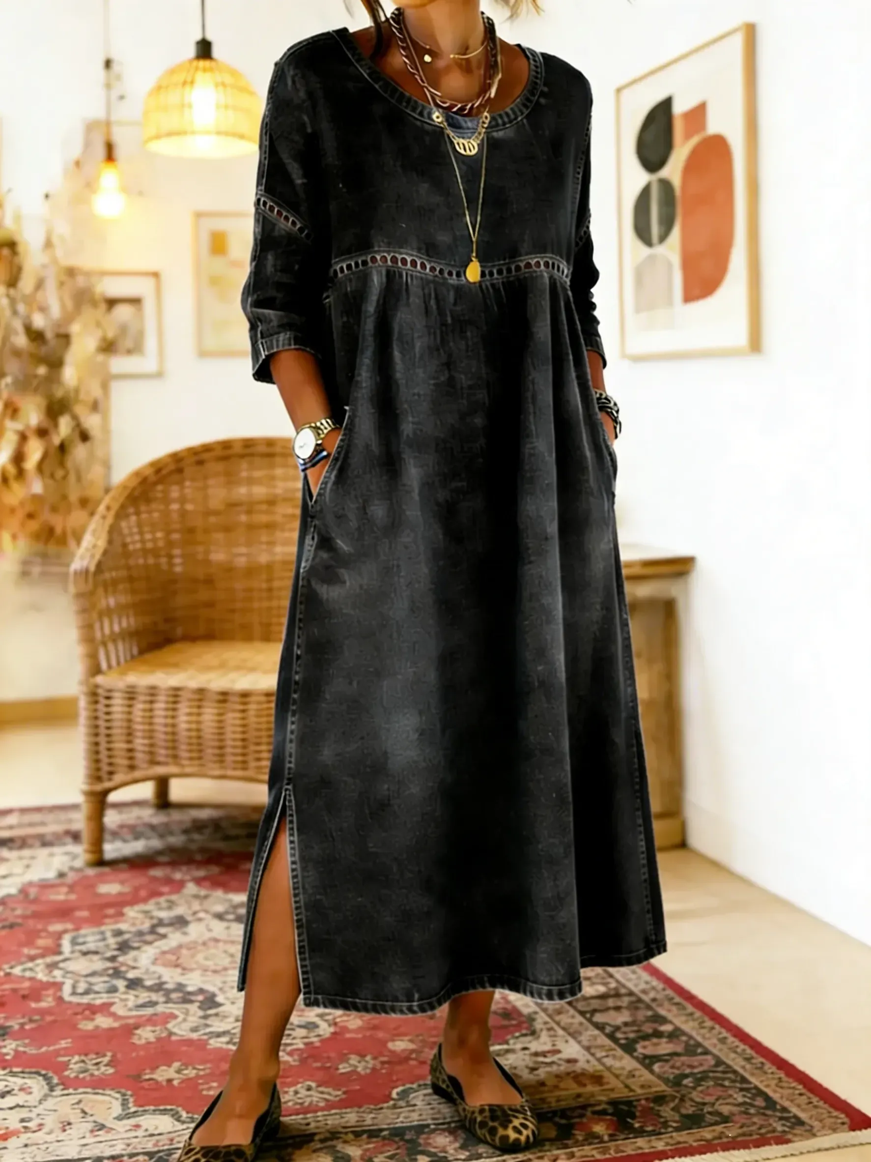 Bavlněné lněné šaty s kulatým výstřihem