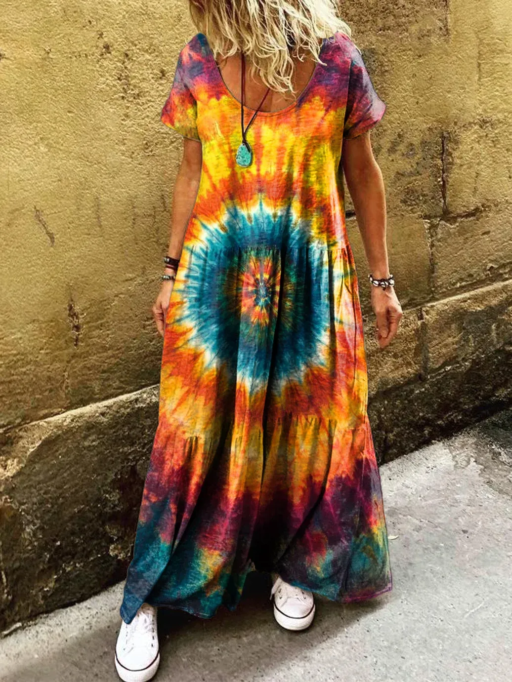 Bavlněné lněné šaty s kulatým výstřihem