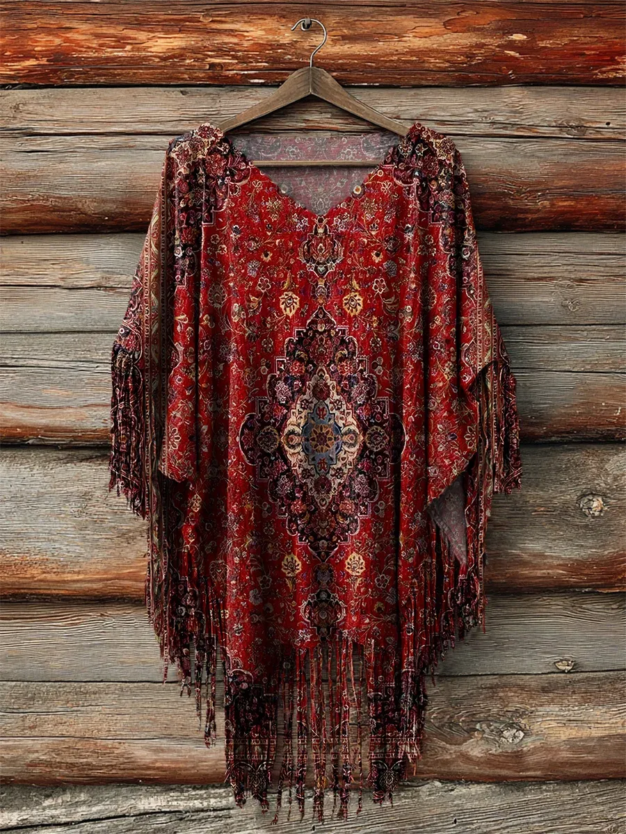 Women's Retro Ethnic Totem Print Tassel Fringed Poncho Dress