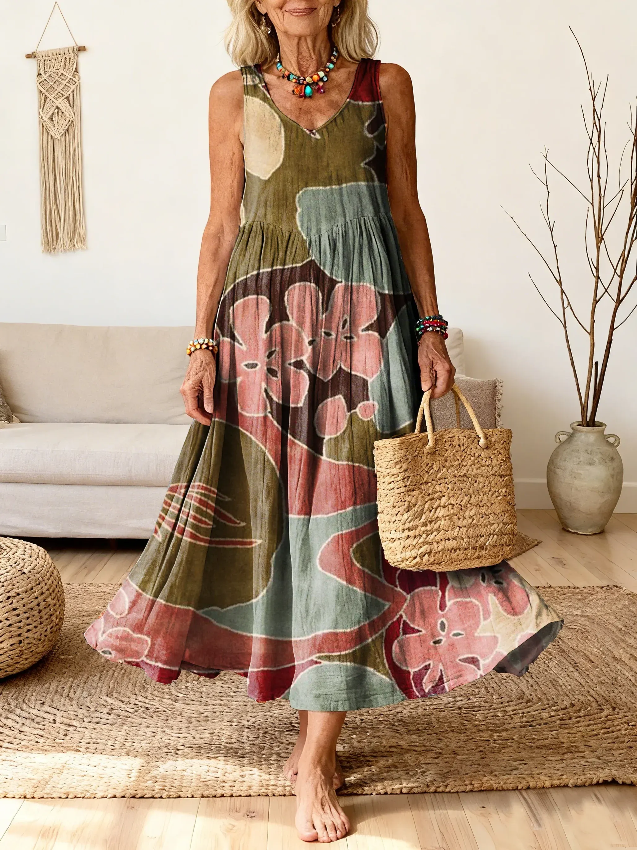 Bavlněné lněné šaty s kulatým výstřihem