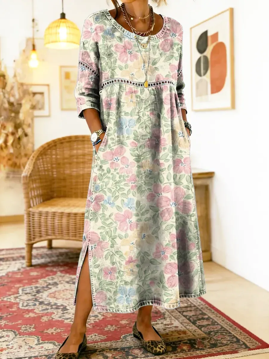 Bavlněné lněné šaty s kulatým výstřihem