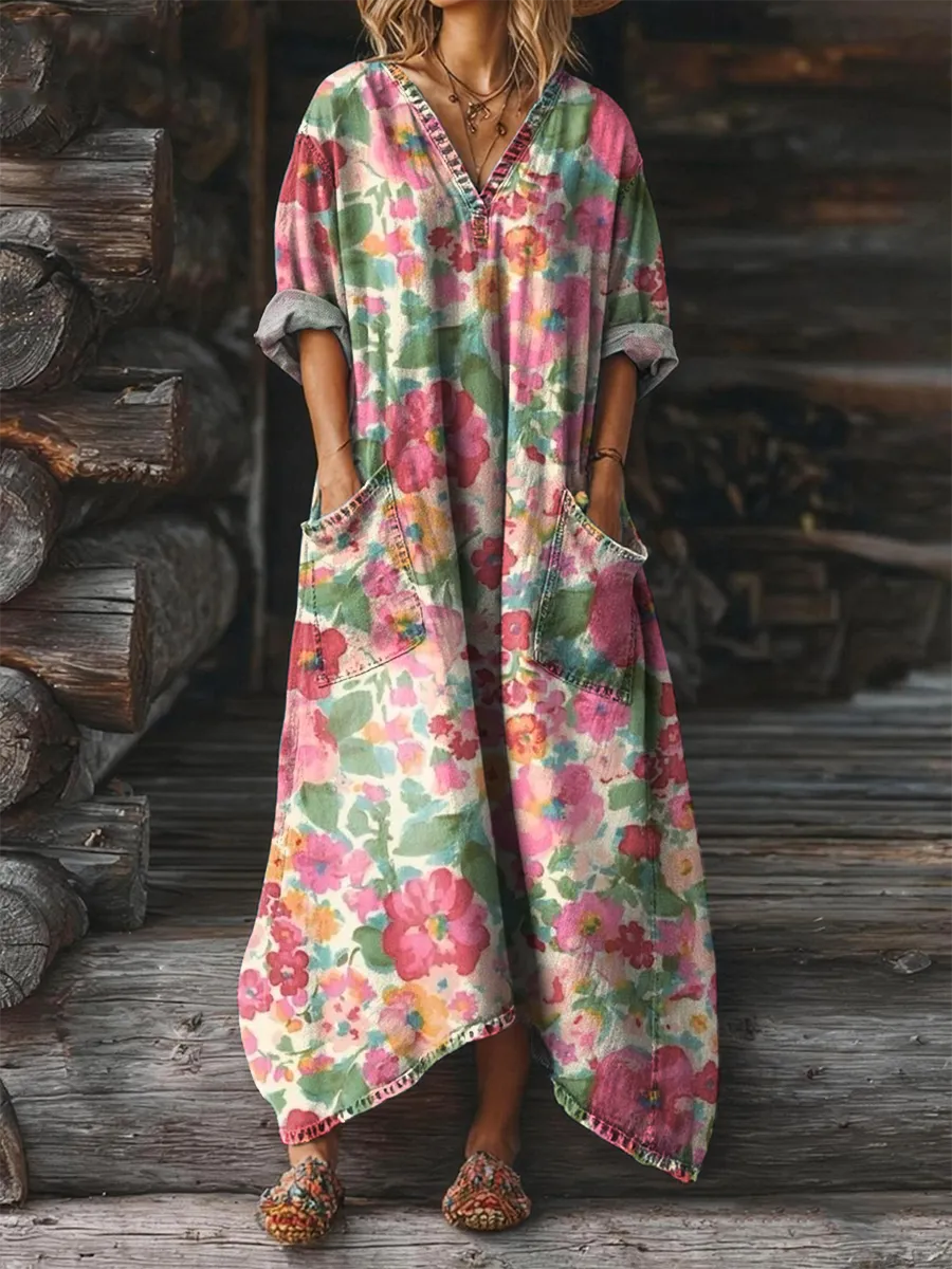 Bavlněné lněné šaty s výstřihem do V a kapsami