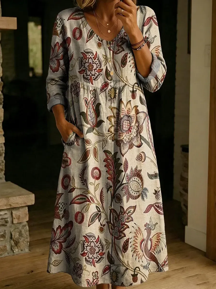 2026 Bavlněné lněné šaty s výstřihem do V