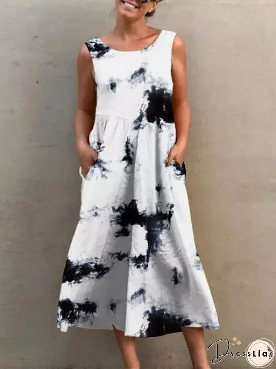 Bavlněné lněné šaty s kulatým výstřihem