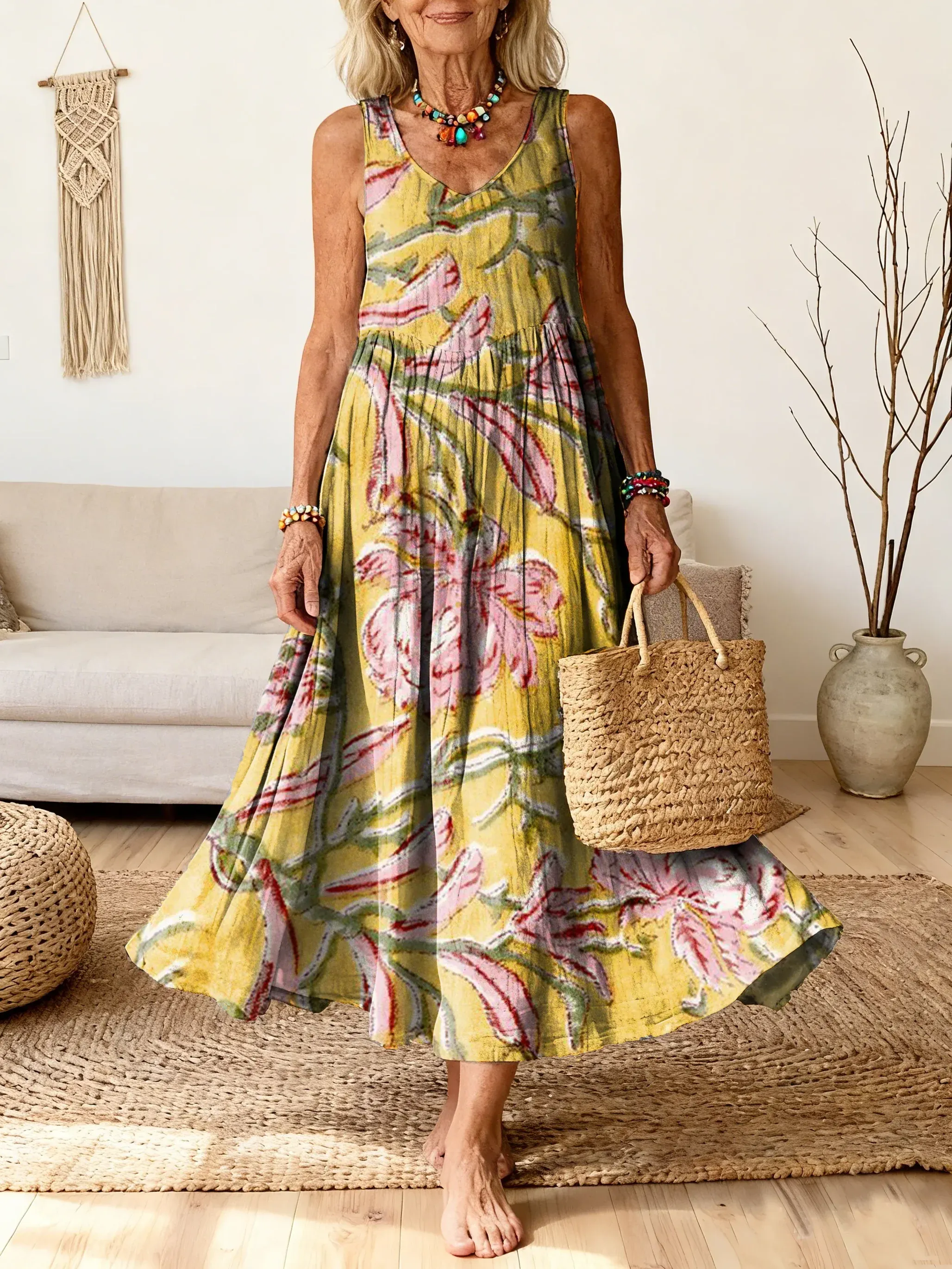 Bavlněné lněné šaty s kulatým výstřihem