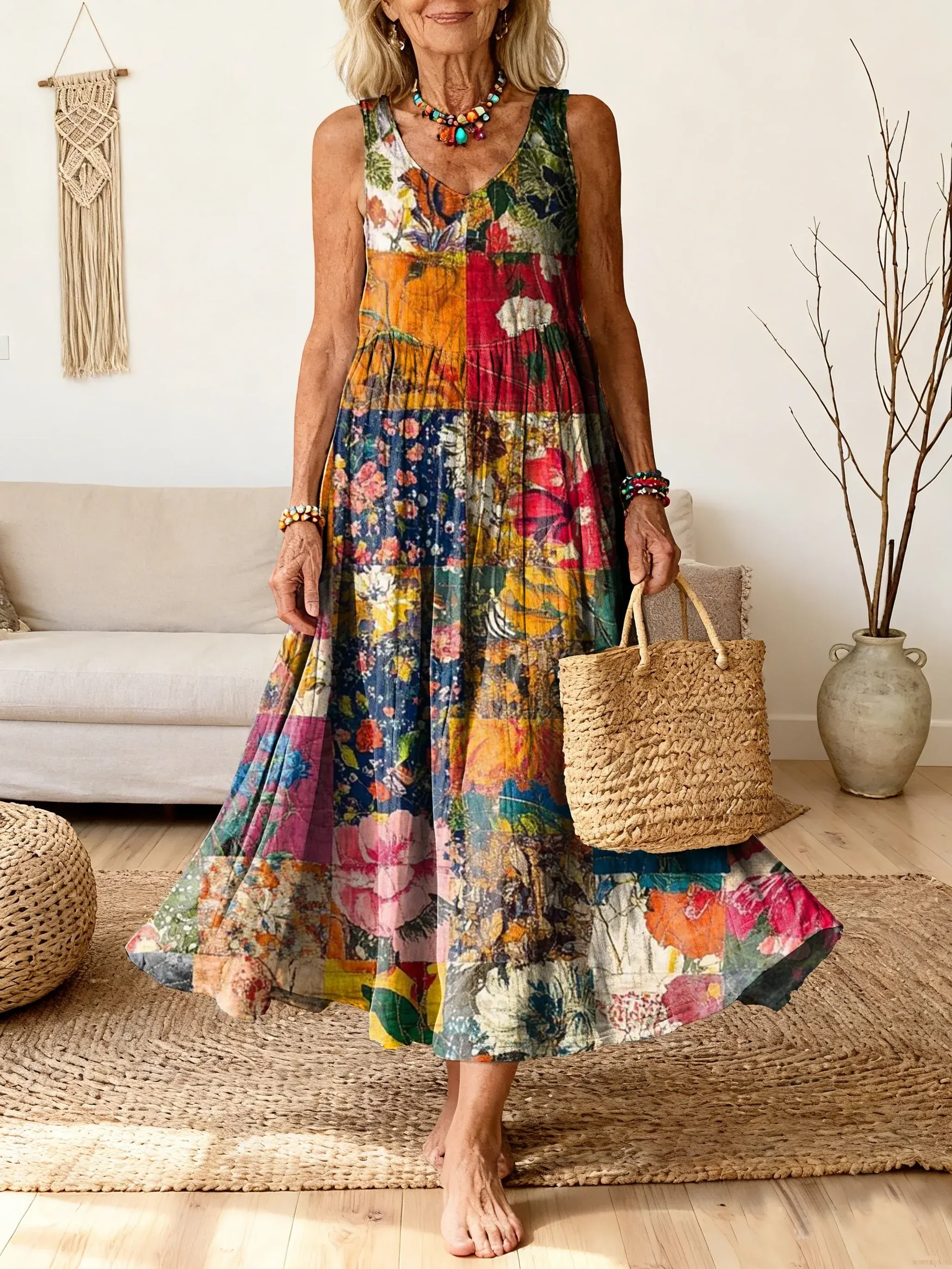 2026 Bavlněné lněné šaty s kulatým výstřihem