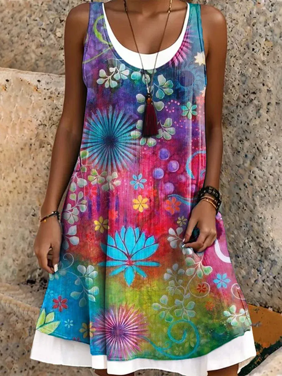 Bavlněné lněné šaty s kulatým výstřihem