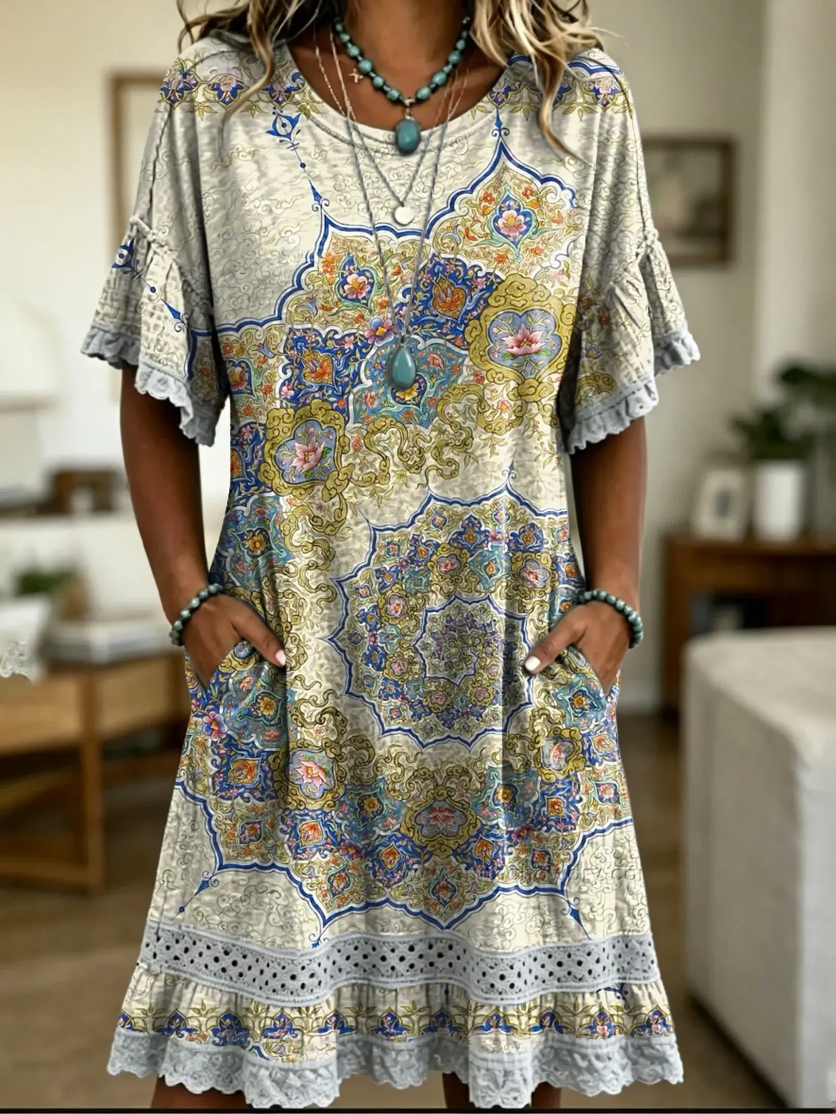 Bavlněné lněné šaty s kulatým výstřihem