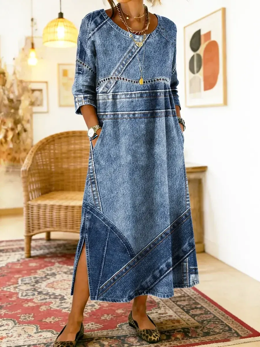 Bavlněné lněné šaty s kulatým výstřihem