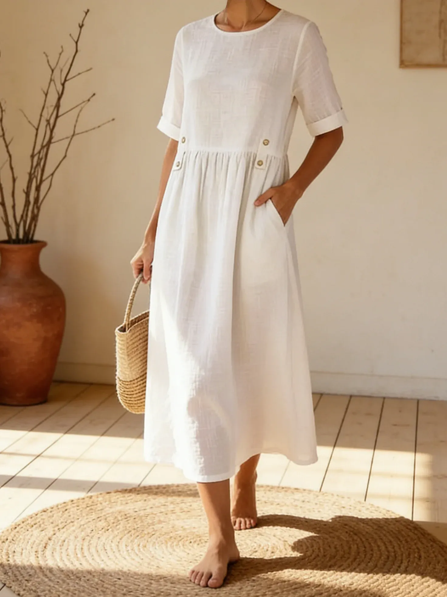 Bavlněné lněné šaty s kulatým výstřihem