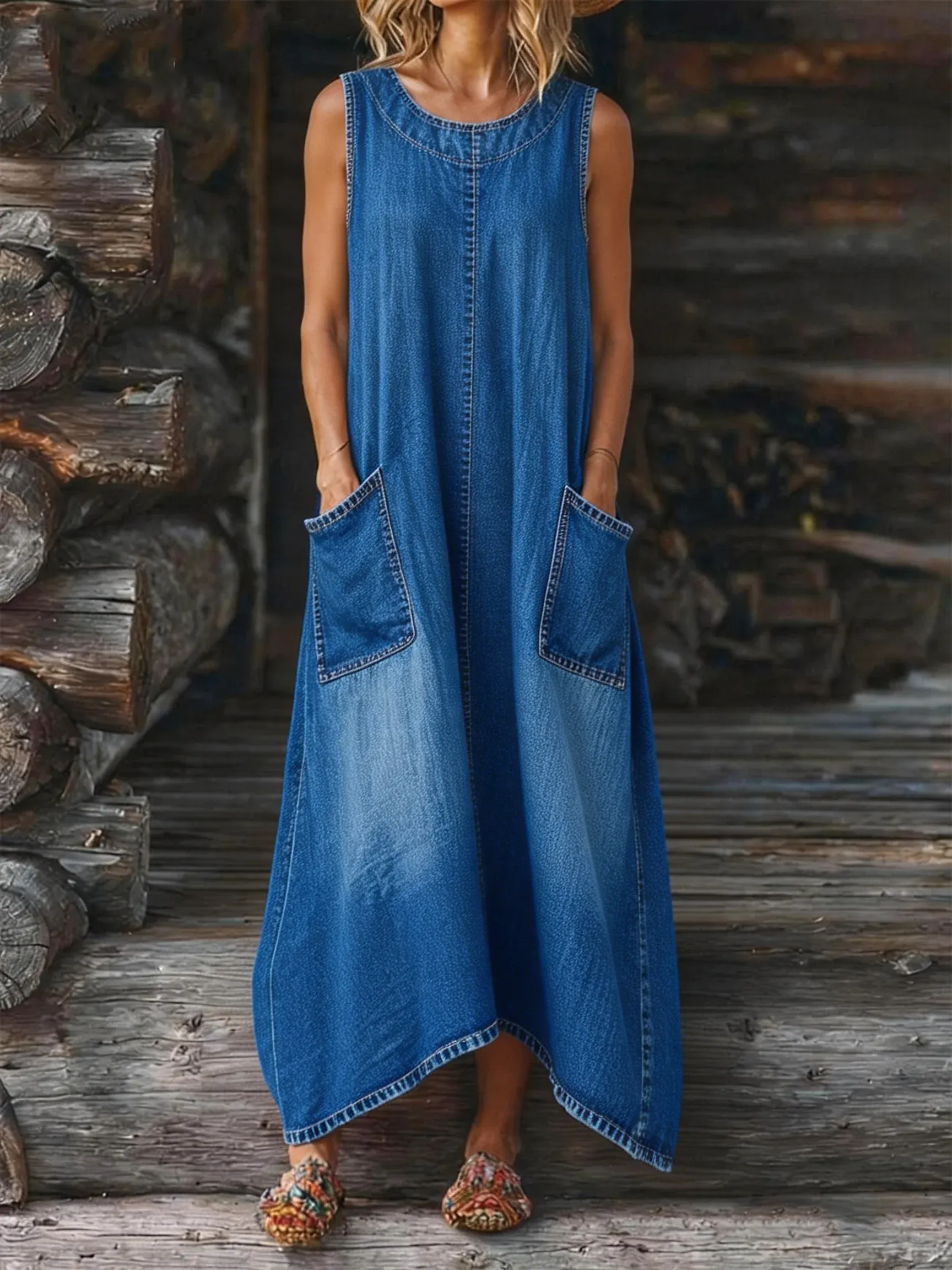 Bavlněné lněné šaty s kulatým výstřihem