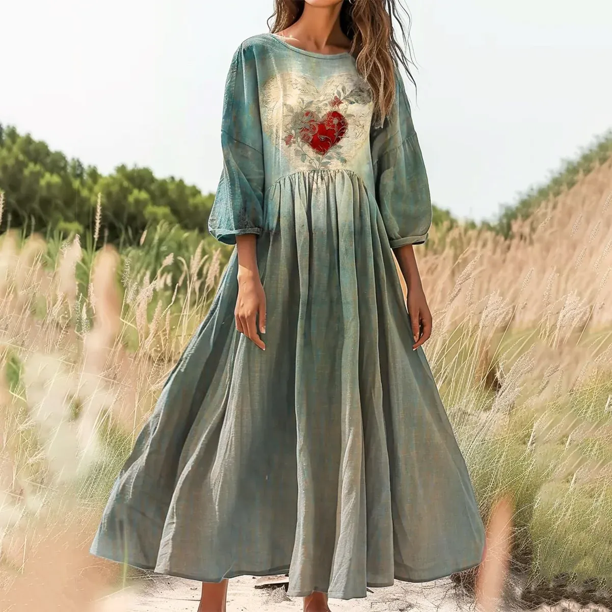 Bavlněné lněné šaty s kulatým výstřihem