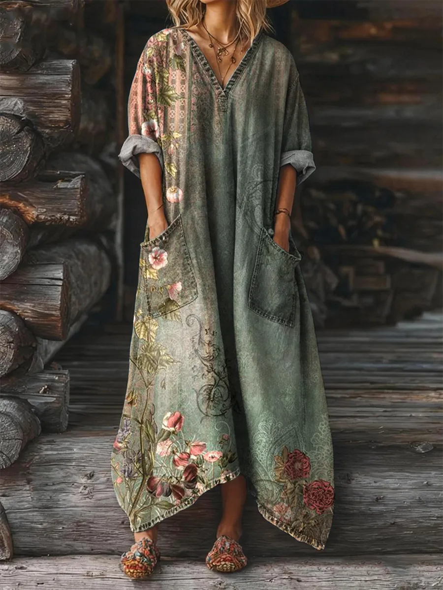 Bavlněné lněné šaty s výstřihem do V a kapsami