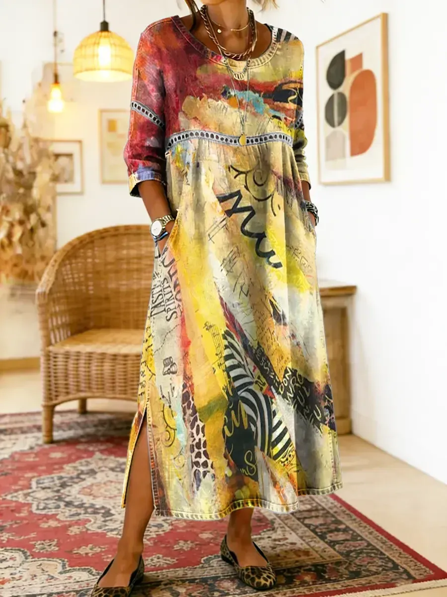 Bavlněné lněné šaty s kulatým výstřihem