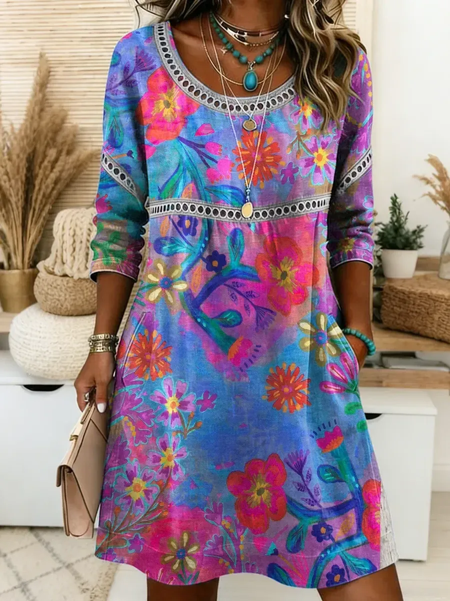 Bavlněné lněné šaty s kulatým výstřihem