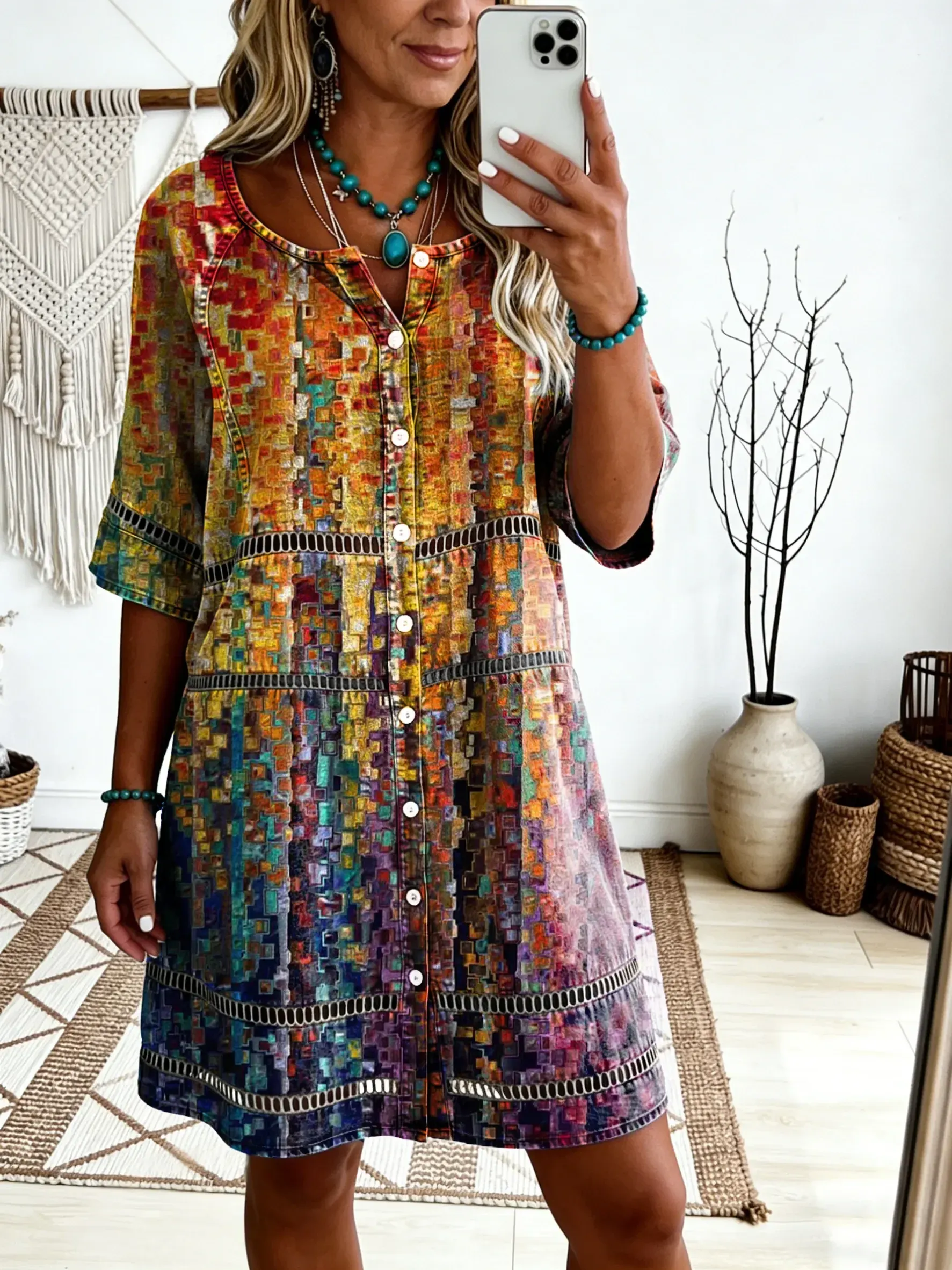 Bavlněné lněné šaty s kulatým výstřihem