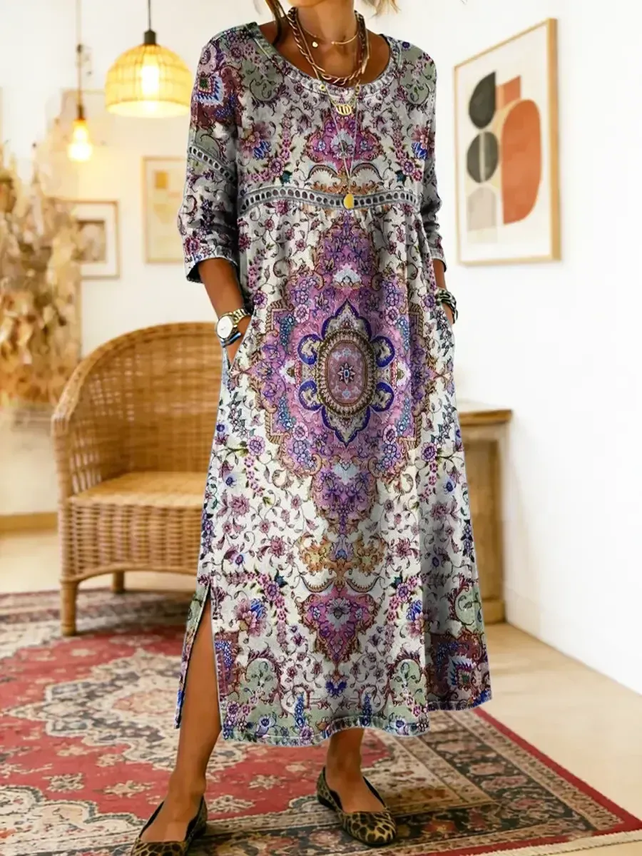 Bavlněné lněné šaty s kulatým výstřihem