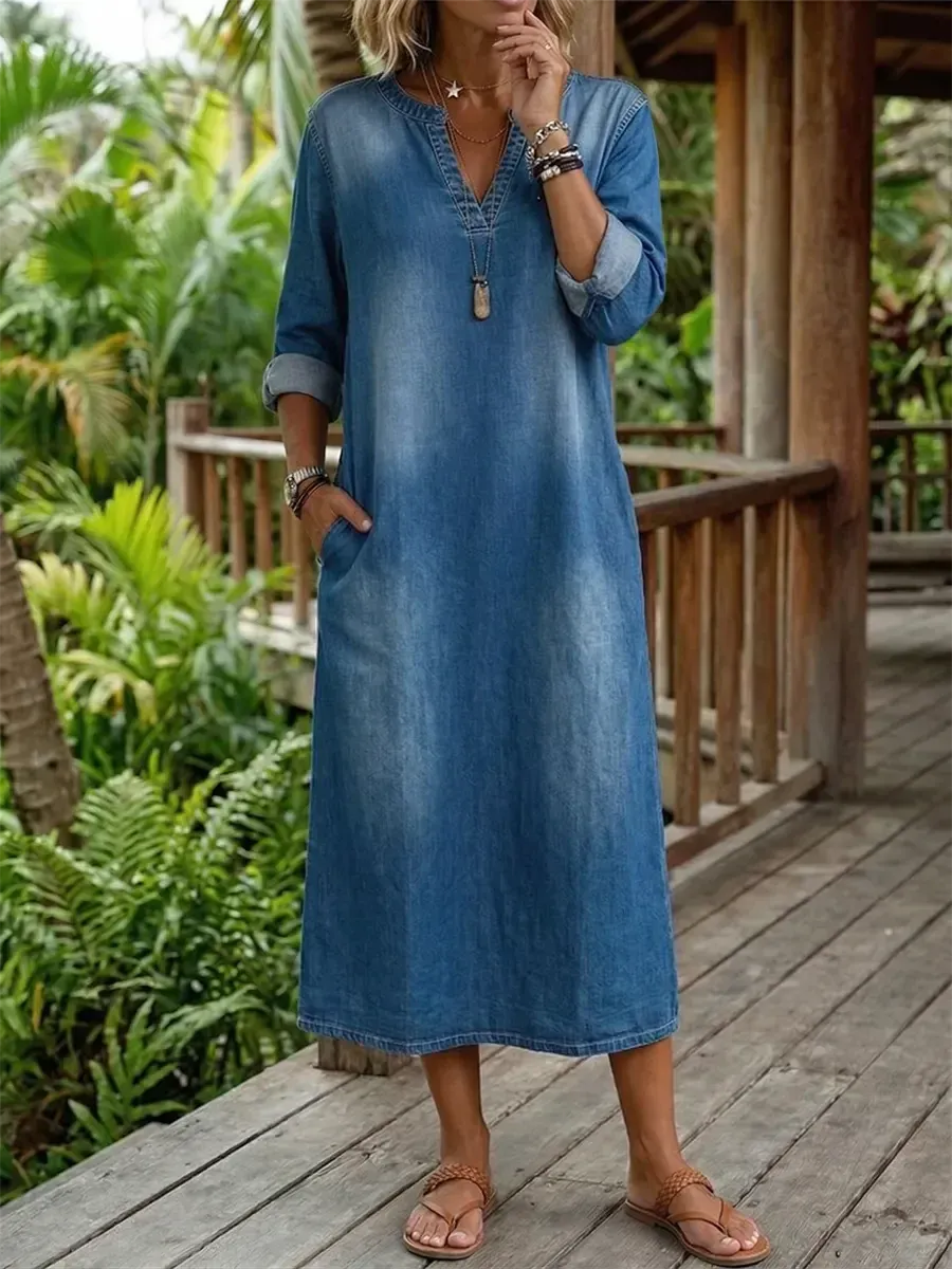 2026 Bavlněné lněné šaty s výstřihem do V