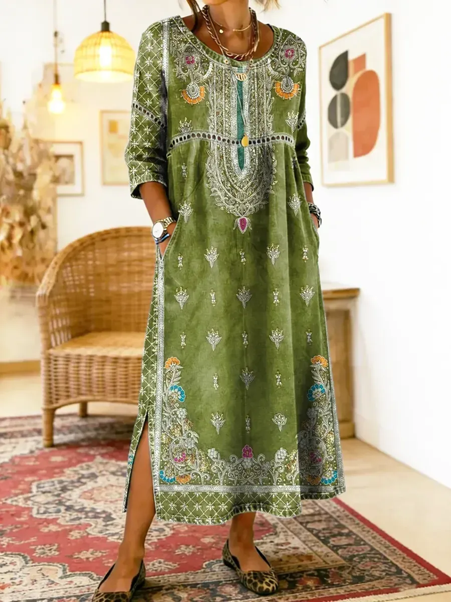 Bavlněné lněné šaty s kulatým výstřihem