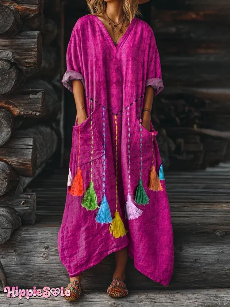 Bavlněné lněné šaty s výstřihem do V a kapsami