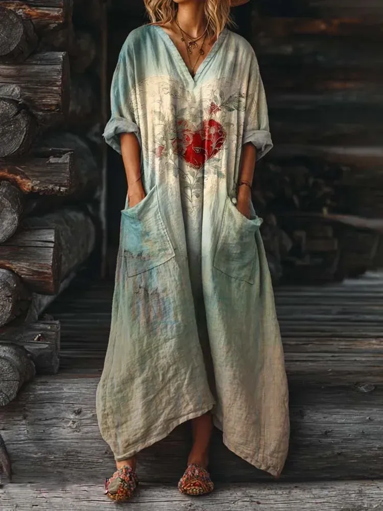 Bavlněné lněné šaty s výstřihem do V a kapsami