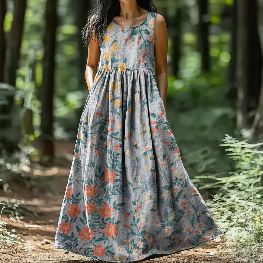 Bavlněné lněné šaty s kulatým výstřihem